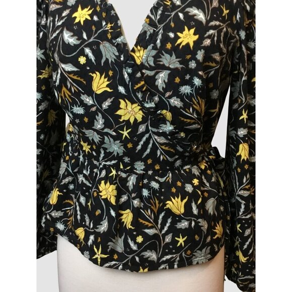 Universal Thread Ruffled V-Neck Navy Floral Long Sleeve Wrap Front Blouse SM - Picture 7 of 12